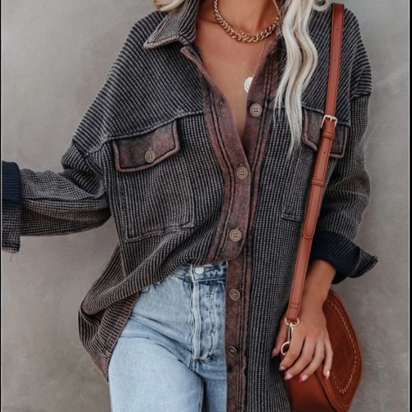 VICI DOLLS RIGO Boutique Mineral Wash Waffle Thermal Button down Shacket XS - Picture 1 of 6